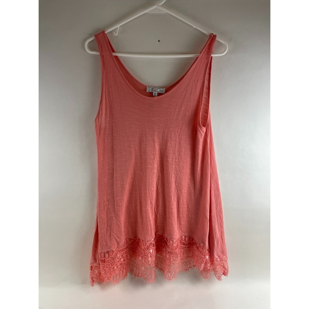 All at Once Tank Top Women's Size Medium Pink Long Lace Hem Tunic Scoop Neck